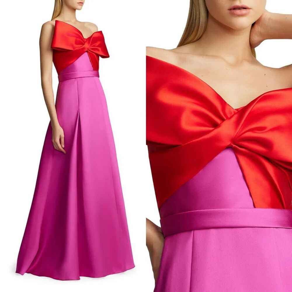 Zac Posen Red and Fuchsia Satin Strapless Maxi Gown - Picture 3 of 7